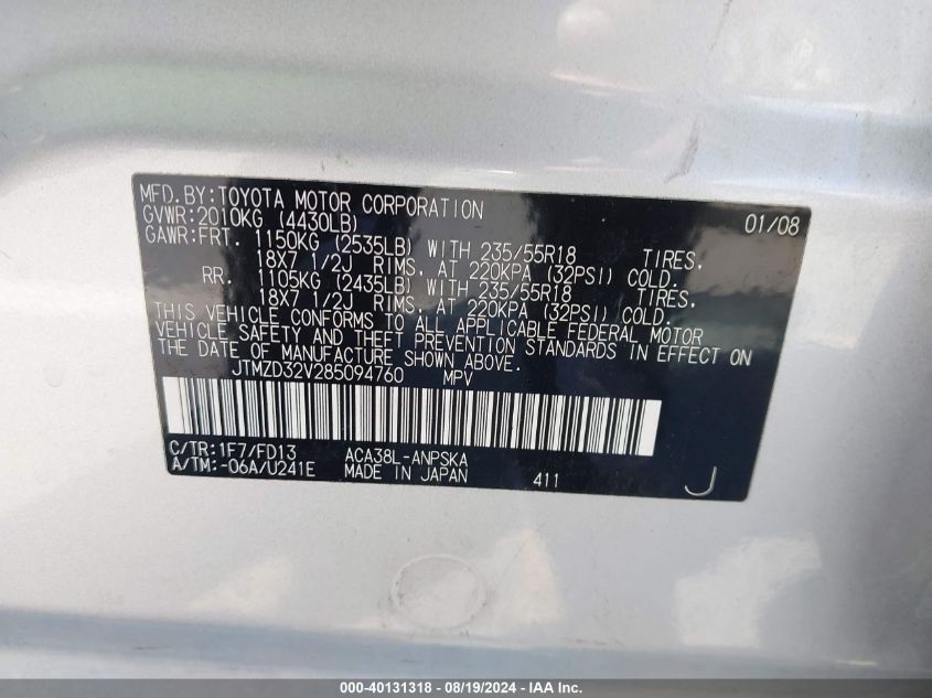 2008 Toyota Rav4 Sport VIN: JTMZD32V285094760 Lot: 40131318