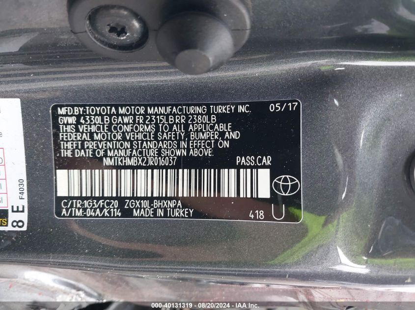 NMTKHMBX2JR016037 2018 Toyota C-Hr Xle/Xle Premium