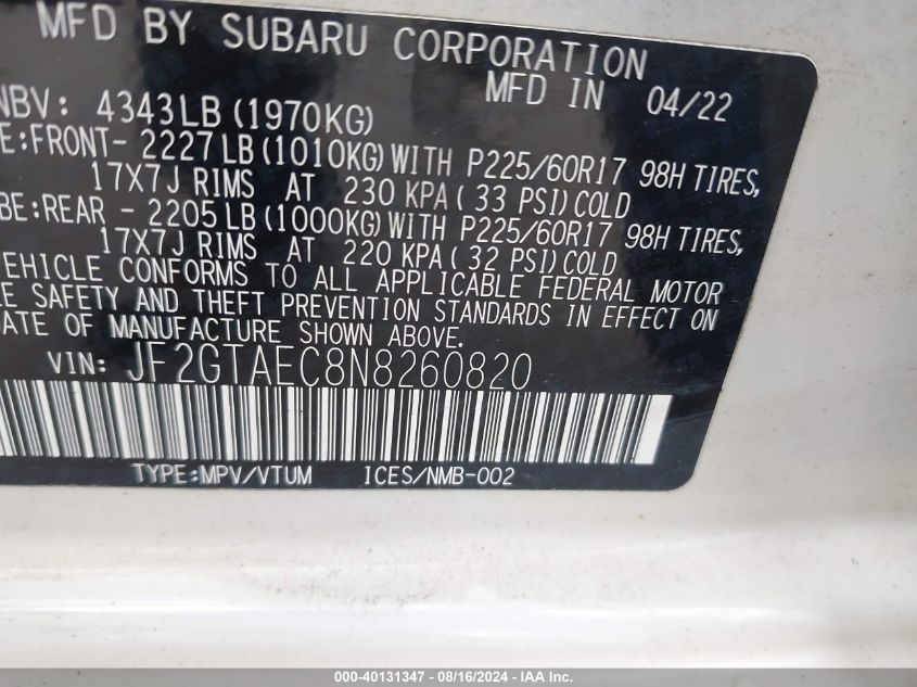 2022 Subaru Crosstrek Premium VIN: JF2GTAEC8N8260820 Lot: 40131347