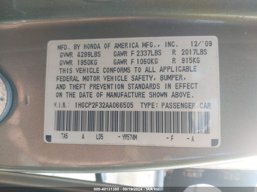 2010 Honda Accord Lx VIN: 1HGCP2F32AA066505 Lot: 40131380