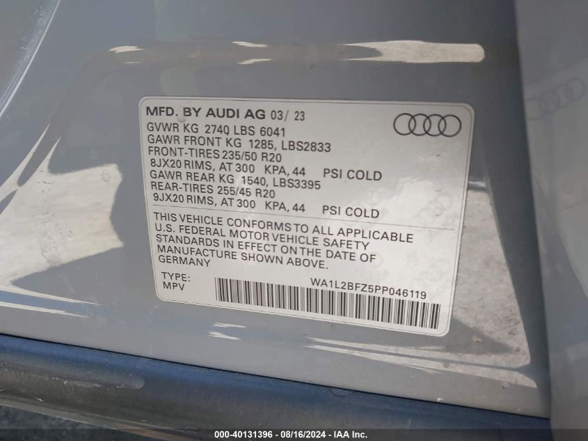 2023 Audi Q4 E-Tron Premium Plus 50 Quattro VIN: WA1L2BFZ5PP046119 Lot: 40131396