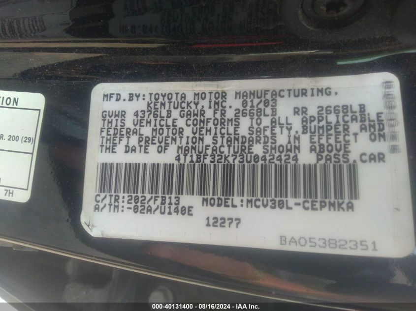 2003 Toyota Camry Le V6 VIN: 4T1BF32K73U042424 Lot: 40131400