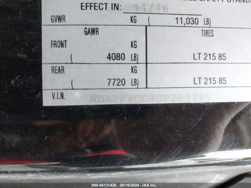 2016 Mercedes-Benz Sprinter 3500 High Roof VIN: WDAPF4CC9GP289765 Lot: 40131426