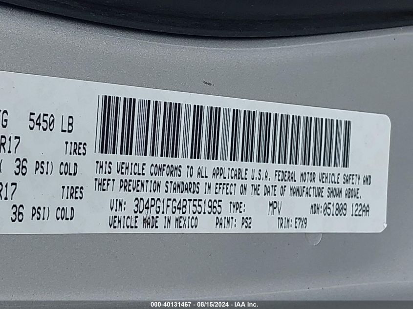 2011 Dodge Journey Mainstreet VIN: 3D4PG1FG4BT551965 Lot: 40131467