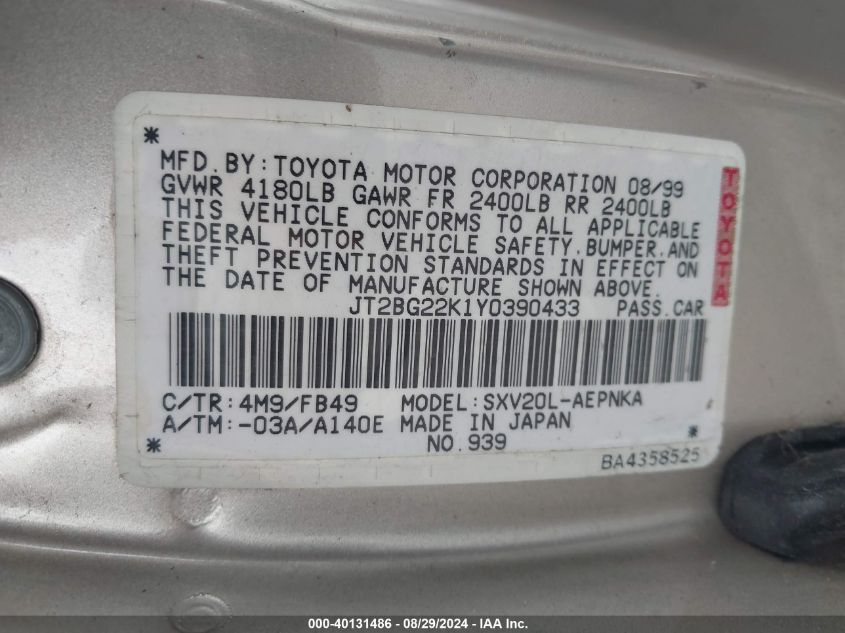 JT2BG22K1Y0390433 2000 Toyota Camry Le