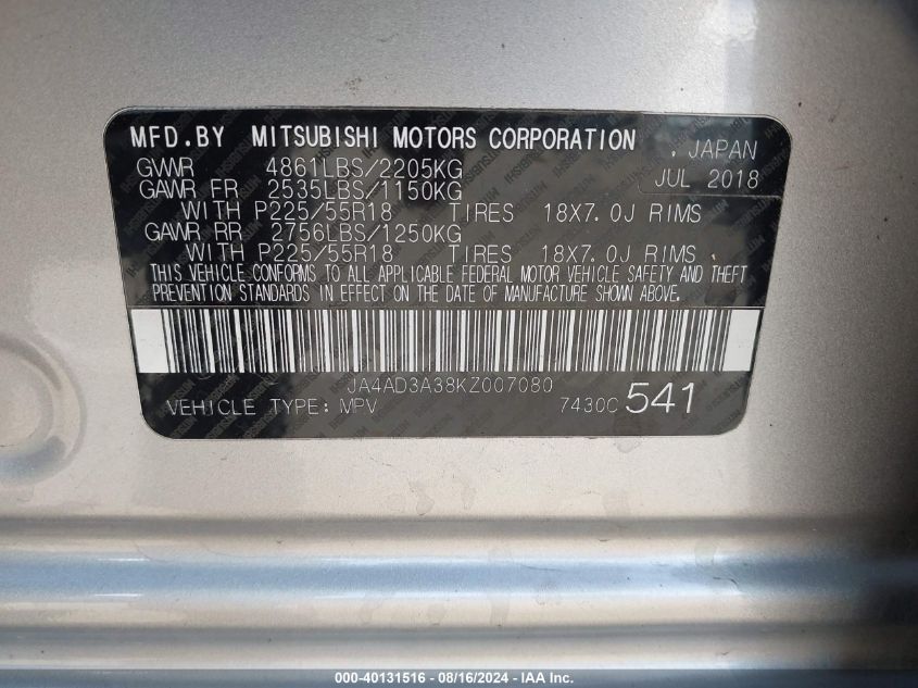 2019 Mitsubishi Outlander Sel VIN: JA4AD3A38KZ007080 Lot: 40131516