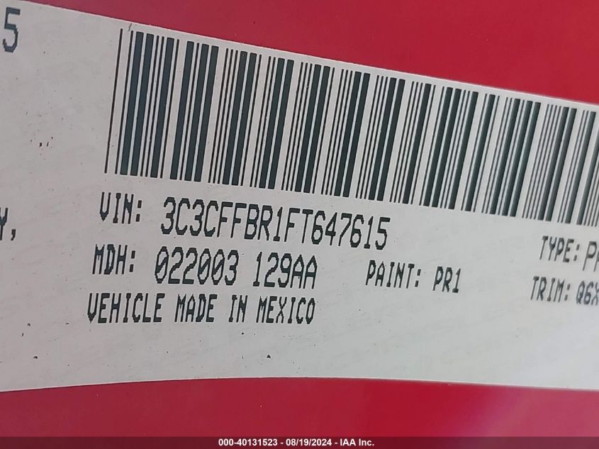 2015 Fiat 500 Sport VIN: 3C3CFFBR1FT647615 Lot: 40131523