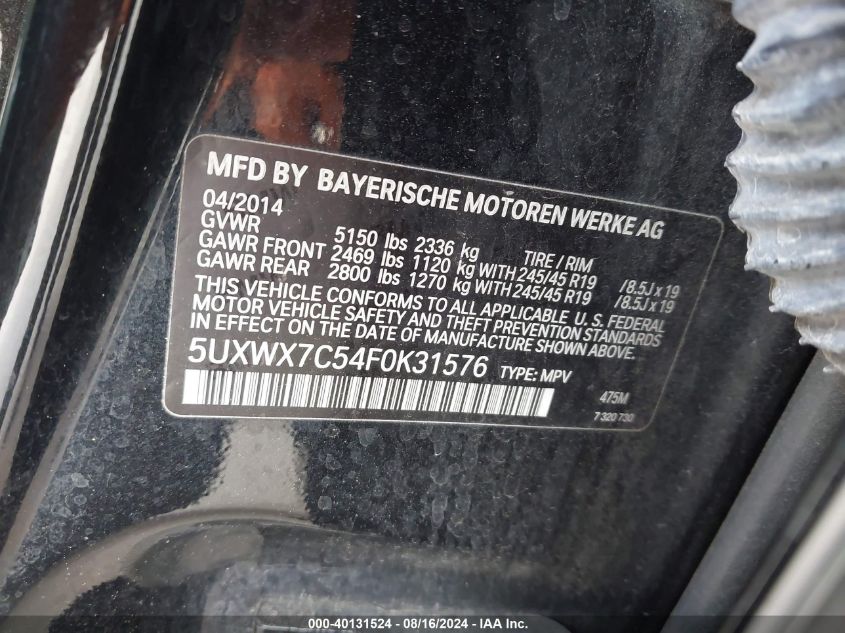 2015 BMW X3 xDrive35I VIN: 5UXWX7C54F0K31576 Lot: 40131524