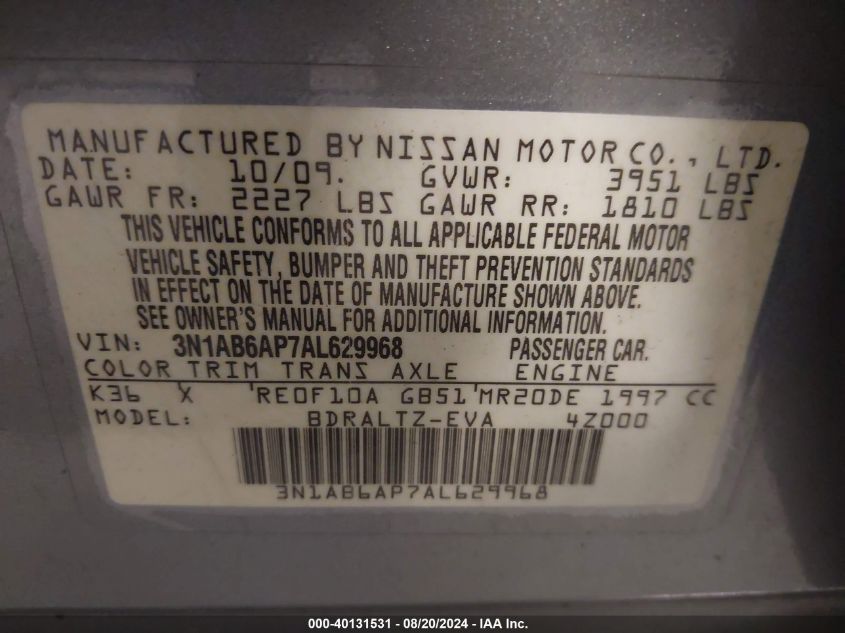 2010 Nissan Sentra 2.0S VIN: 3N1AB6AP7AL629968 Lot: 40131531