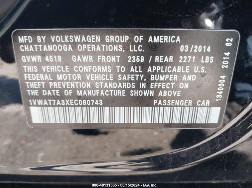 2014 Volkswagen Passat 1.8T Wolfsburg Edition VIN: 1VWAT7A3XEC090743 Lot: 40131565