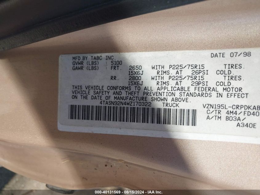 1998 Toyota Tacoma Prerunner V6 VIN: 4TASN92N4WZ170322 Lot: 40131569