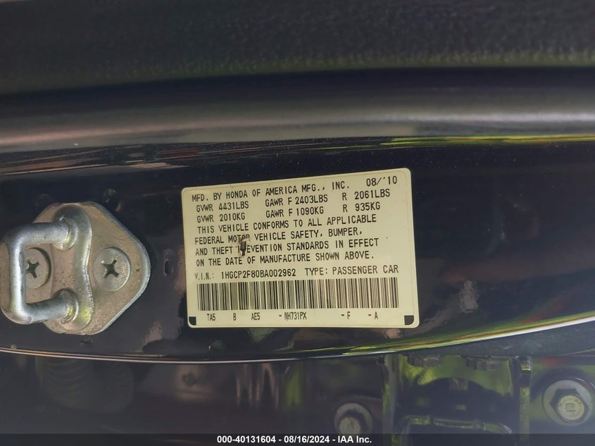 2011 Honda Accord 2.4 Ex-L VIN: 1HGCP2F80BA002962 Lot: 40131604