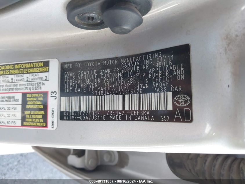 2011 Toyota Corolla S VIN: 2T1BU4EE4BC615426 Lot: 40131637