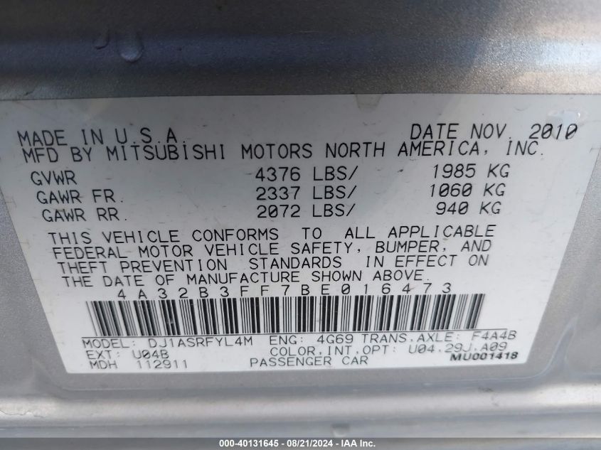 4A32B3FF7BE016473 2011 Mitsubishi Galant Es/Se