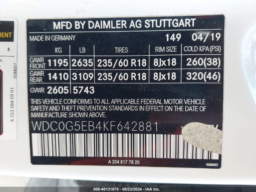 WDC0G5EB4KF642881 2019 Mercedes-Benz Glc 350E 4Matic