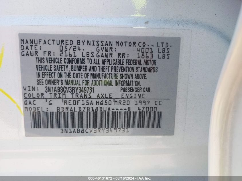 2024 Nissan Sentra Sv Xtronic Cvt VIN: 3N1AB8CV3RY349731 Lot: 40131672