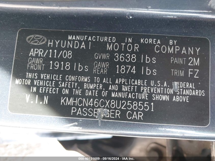 2008 Hyundai Accent Gls VIN: KMHCN46CX8U258551 Lot: 40131689