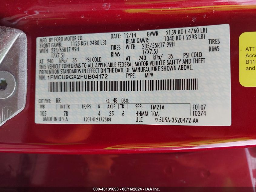 2015 Ford Escape Se VIN: 1FMCU9GX2FUB04172 Lot: 40131693