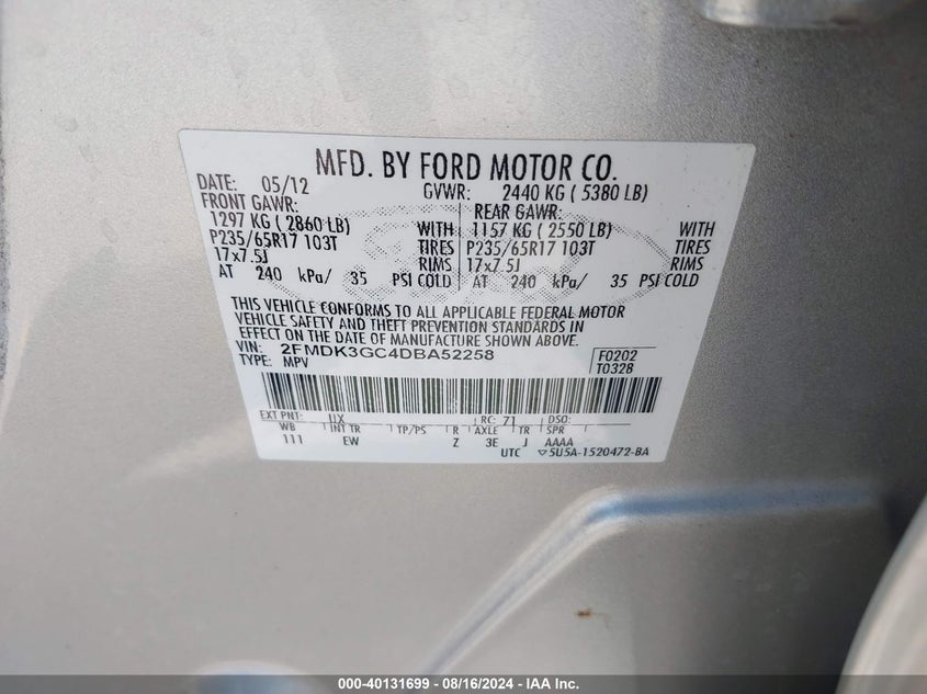 2013 Ford Edge Se VIN: 2FMDK3GC4DBA52258 Lot: 40131699