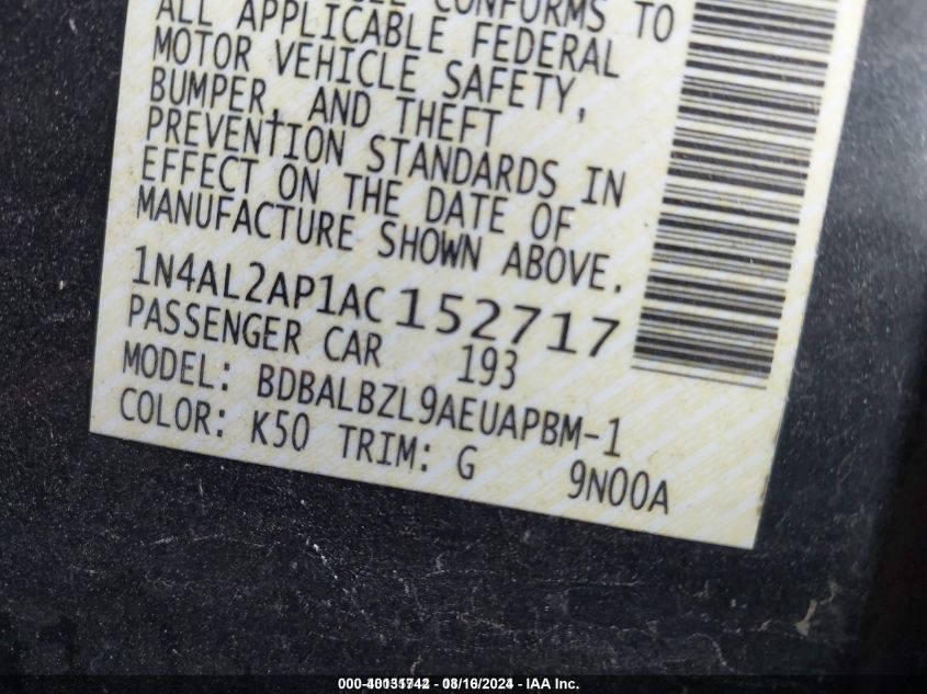 2010 Nissan Altima 2.5 S VIN: 1N4AL2AP1AC152717 Lot: 40131742