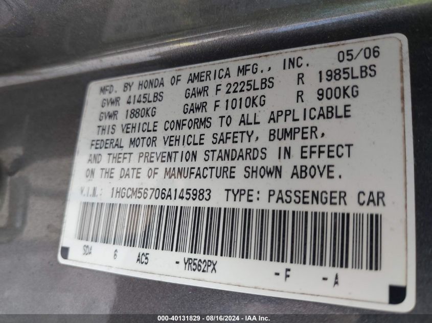 2006 Honda Accord 2.4 Ex VIN: 1HGCM56706A145983 Lot: 40131829