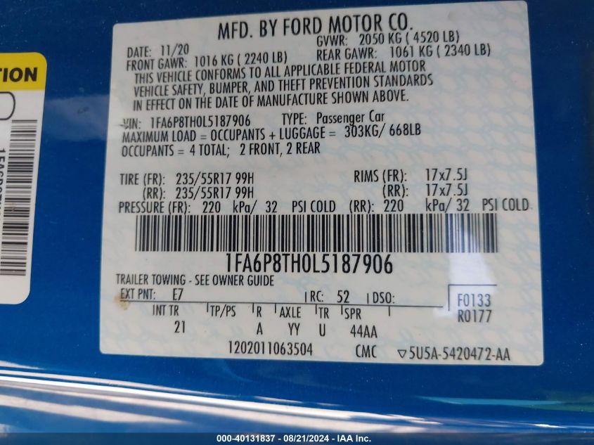 2020 Ford Mustang VIN: 1FA6P8TH0L5187906 Lot: 40131837