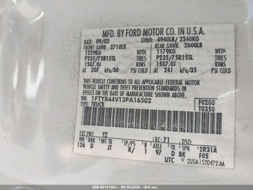 1FTYR44V13PA16502 2003 Ford Ranger Edge/Tremor/Xlt