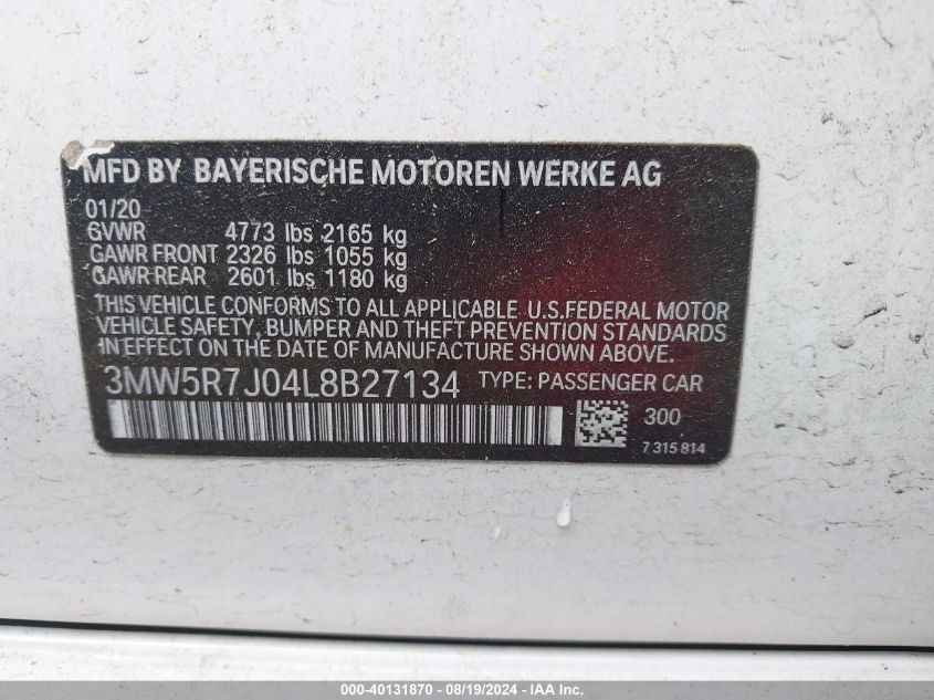 2020 BMW 330I xDrive VIN: 3MW5R7J04L8B27134 Lot: 40131870