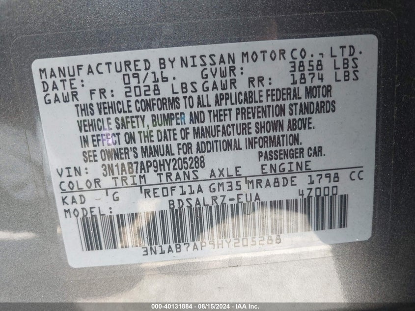 2017 Nissan Sentra Sr VIN: 3N1AB7AP9HY205288 Lot: 40131884