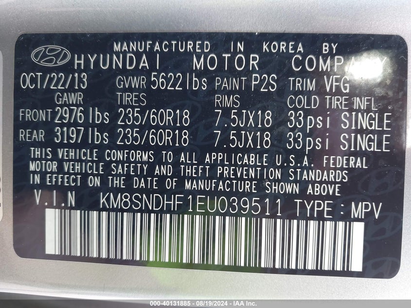 2014 Hyundai Santa Fe Limited VIN: KM8SNDHF1EU039511 Lot: 40131885