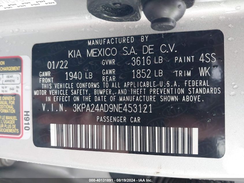 2022 Kia Rio Lx VIN: 3KPA24AD9NE453121 Lot: 40131891