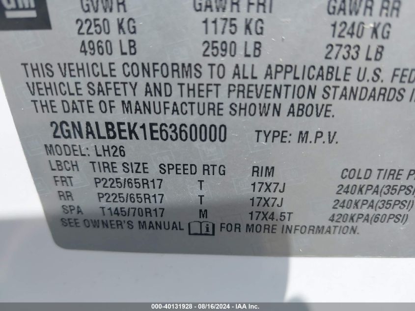 2014 Chevrolet Equinox 1Lt VIN: 2GNALBEK1E6360000 Lot: 40131928