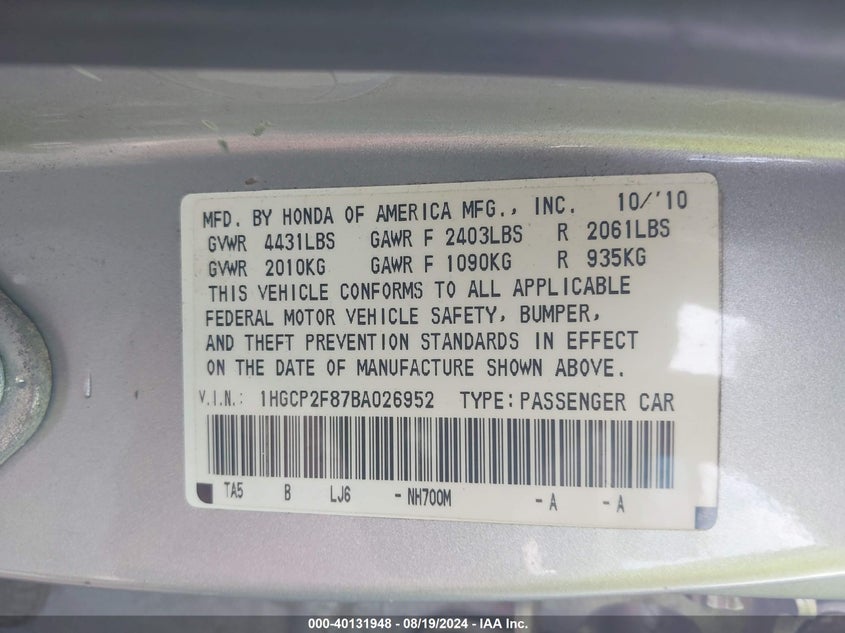 2011 Honda Accord 2.4 Ex-L VIN: 1HGCP2F87BA026952 Lot: 40131948