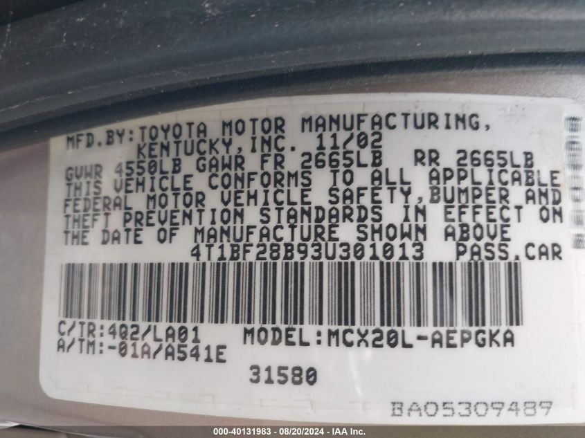 2003 Toyota Avalon Xl/Xls VIN: 4T1BF28B93U301013 Lot: 40131983