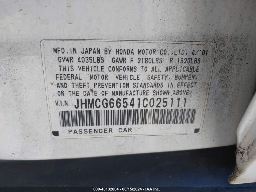 2001 Honda Accord 2.3 Lx VIN: JHMCG66541C025111 Lot: 40132004