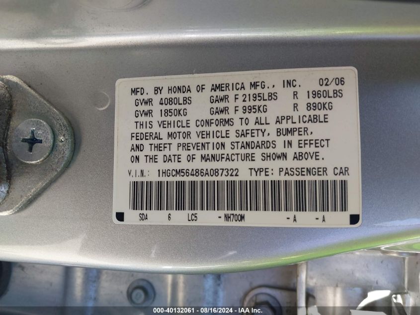 1HGCM56486A087322 2006 Honda Accord 2.4 Lx