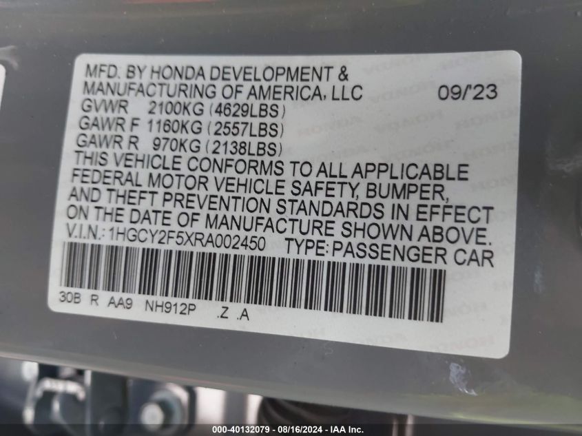 1HGCY2F5XRA002450 2024 Honda Accord Hybrid Sport