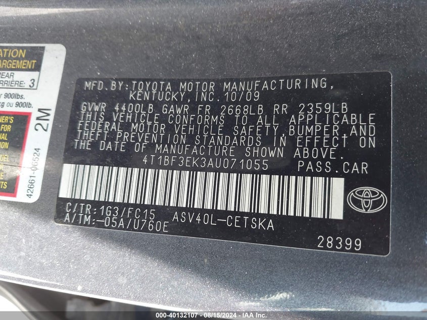2010 Toyota Camry Se VIN: 4T1BF3EK3AU071055 Lot: 40132107