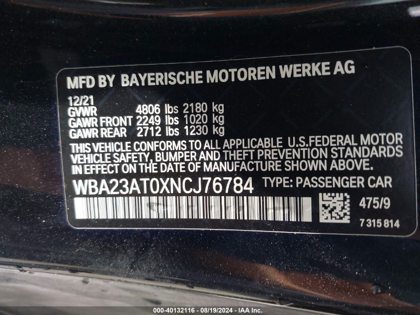 2022 BMW 430I VIN: WBA23AT0XNCJ76784 Lot: 40132116