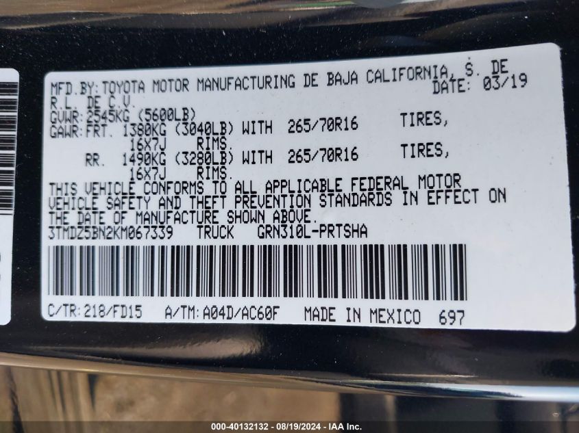 2019 Toyota Tacoma Trd Off Road VIN: 3TMDZ5BN2KM067339 Lot: 40132132