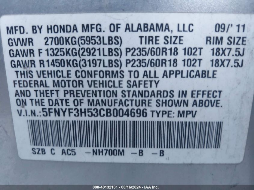 2012 Honda Pilot Ex-L VIN: 5FNYF3H53CB004696 Lot: 40132181