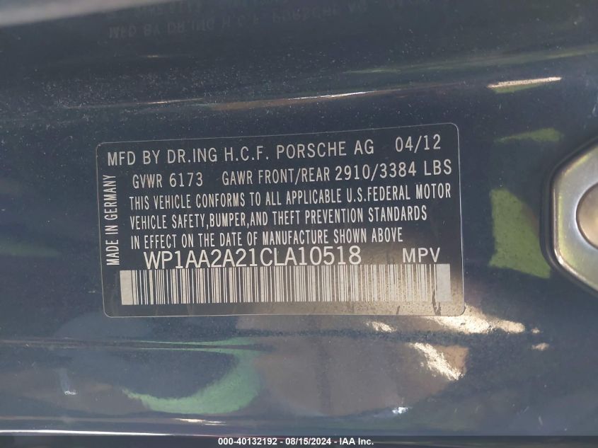 2012 Porsche Cayenne VIN: WP1AA2A21CLA10518 Lot: 40132192