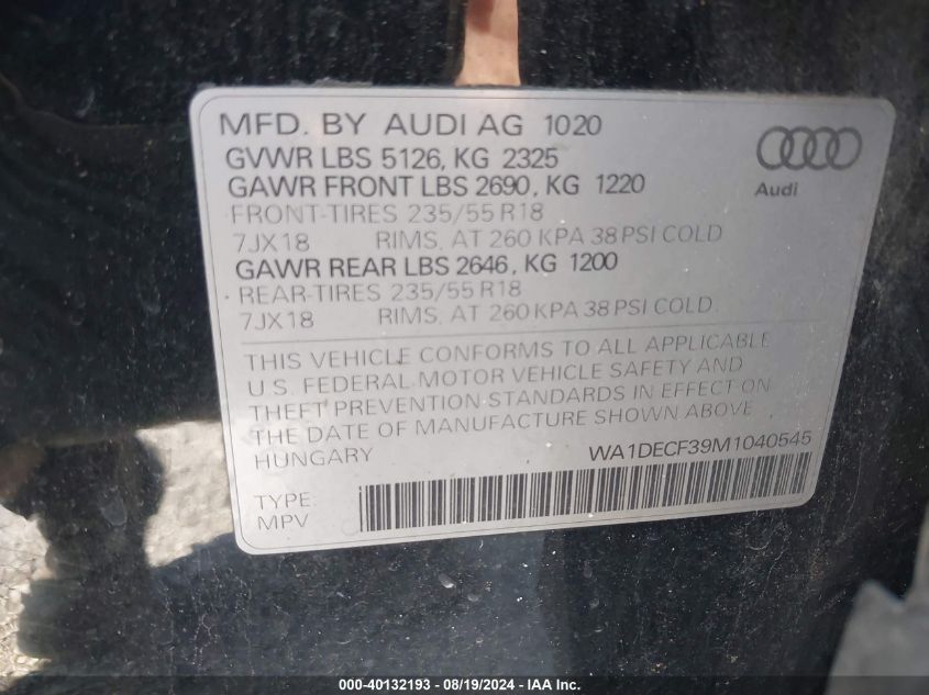 WA1DECF39M1040545 2021 Audi Q3 Premium 45 Tfsi S Line Quattro Tiptronic