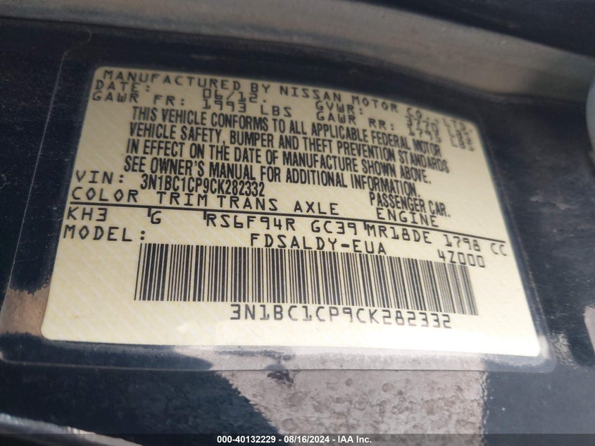 2012 Nissan Versa 1.8 S/1.8 Sl VIN: 3N1BC1CP9CK283332 Lot: 40132229