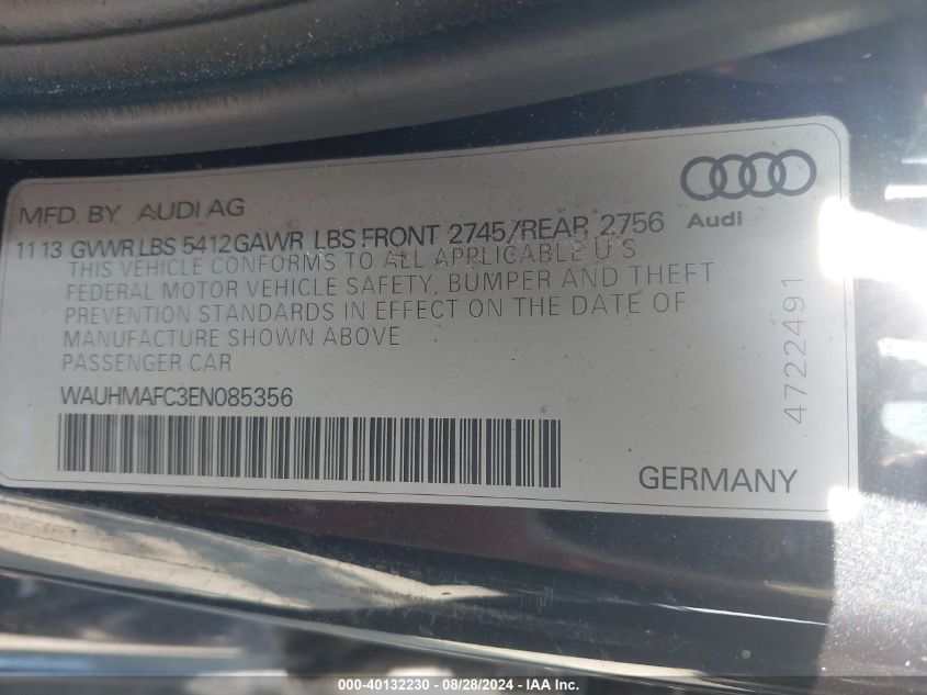 2014 Audi A6 3.0 Tdi Premium Plus VIN: WAUHMAFC3EN085356 Lot: 40132230