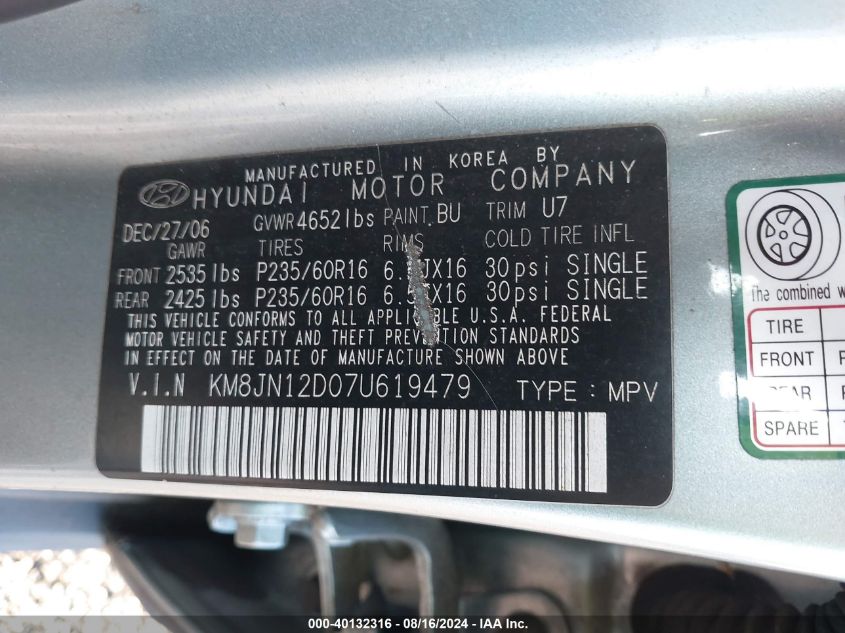 2007 Hyundai Tucson Limited/Se VIN: KM8JN12D07U619479 Lot: 40132316