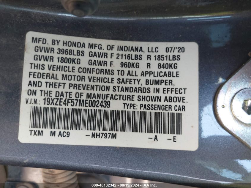 2021 Honda Insight Ex VIN: 19XZE4F57ME002439 Lot: 40132342