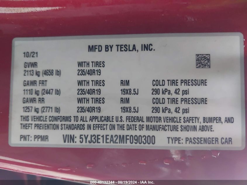 2021 Tesla Model 3 Standard Range Plus Rear-Wheel Drive VIN: 5YJ3E1EA2MF090300 Lot: 40132344