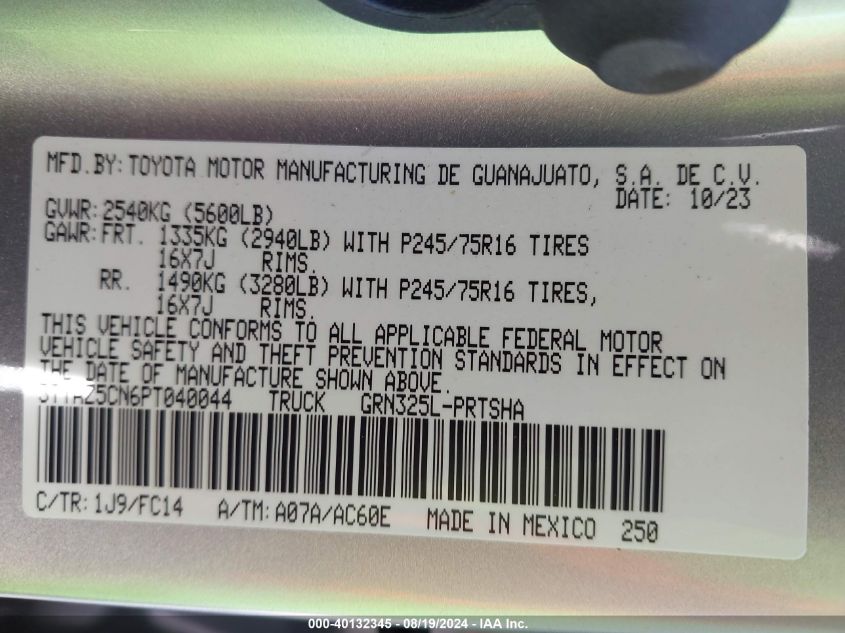 2023 Toyota Tacoma Sr5 V6 VIN: 3TYAZ5CN6PT040044 Lot: 40132345