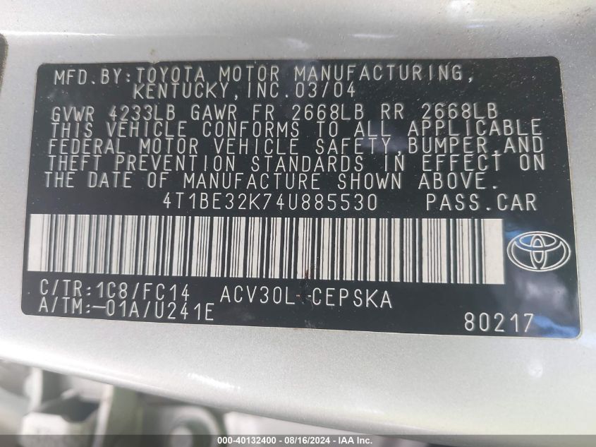 2004 Toyota Camry Se VIN: 4T1BE32K74U885530 Lot: 40132400